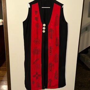 VENUS IMPORTS Red/Black Button Closure Art To Wear Duster Long Vest/Dress